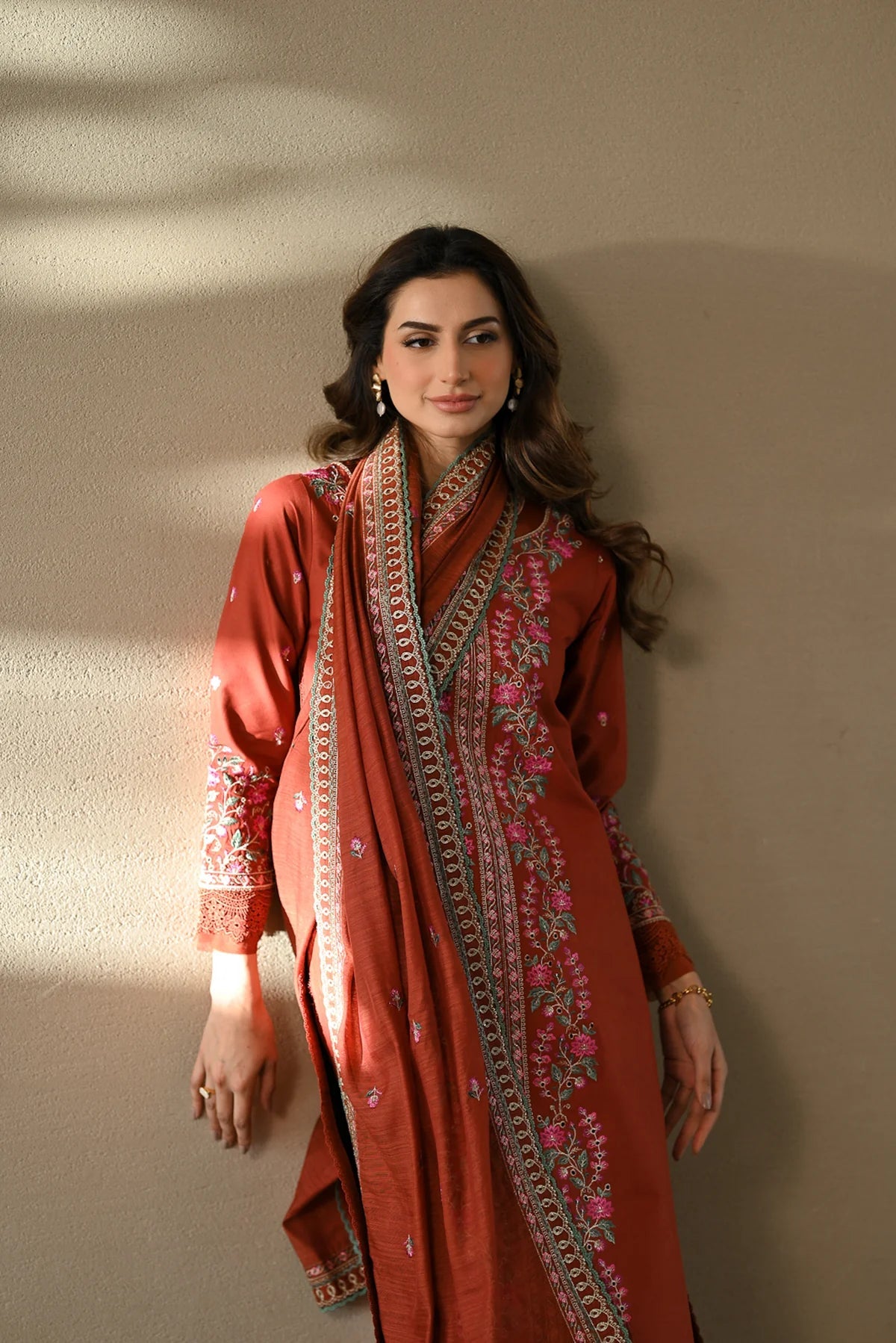 ZAIB-3PC DHANAK EMBROIDERED SHIRT WITH DHANAK EMBROIDERED SHAWL AND TROUSER-BIC-4378