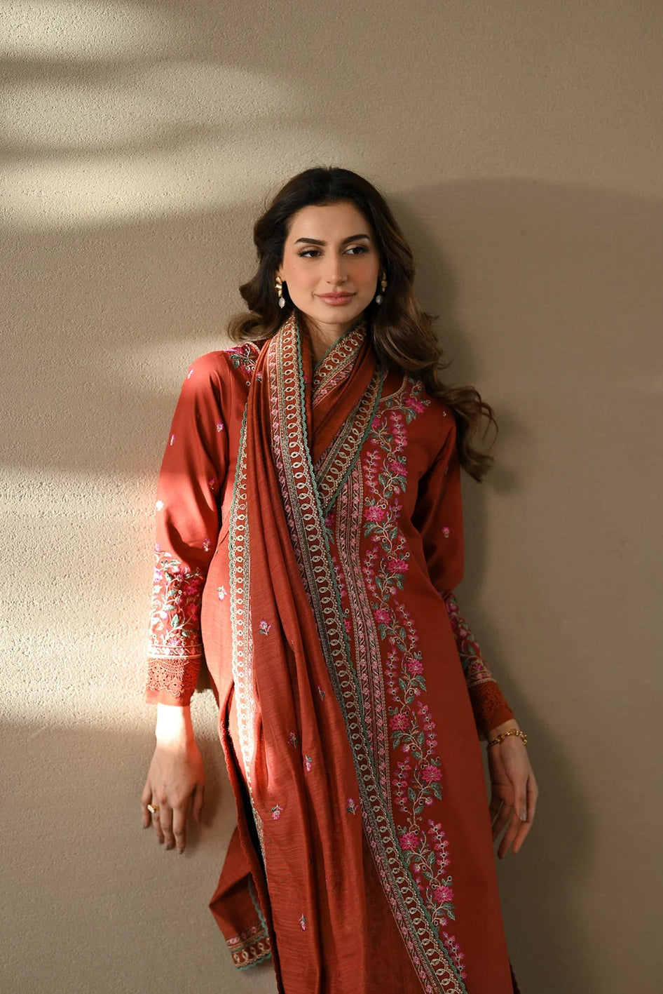 ZAIB-3PC DHANAK EMBROIDERED SHIRT WITH DHANAK EMBROIDERED SHAWL AND TROUSER-BIC-4378