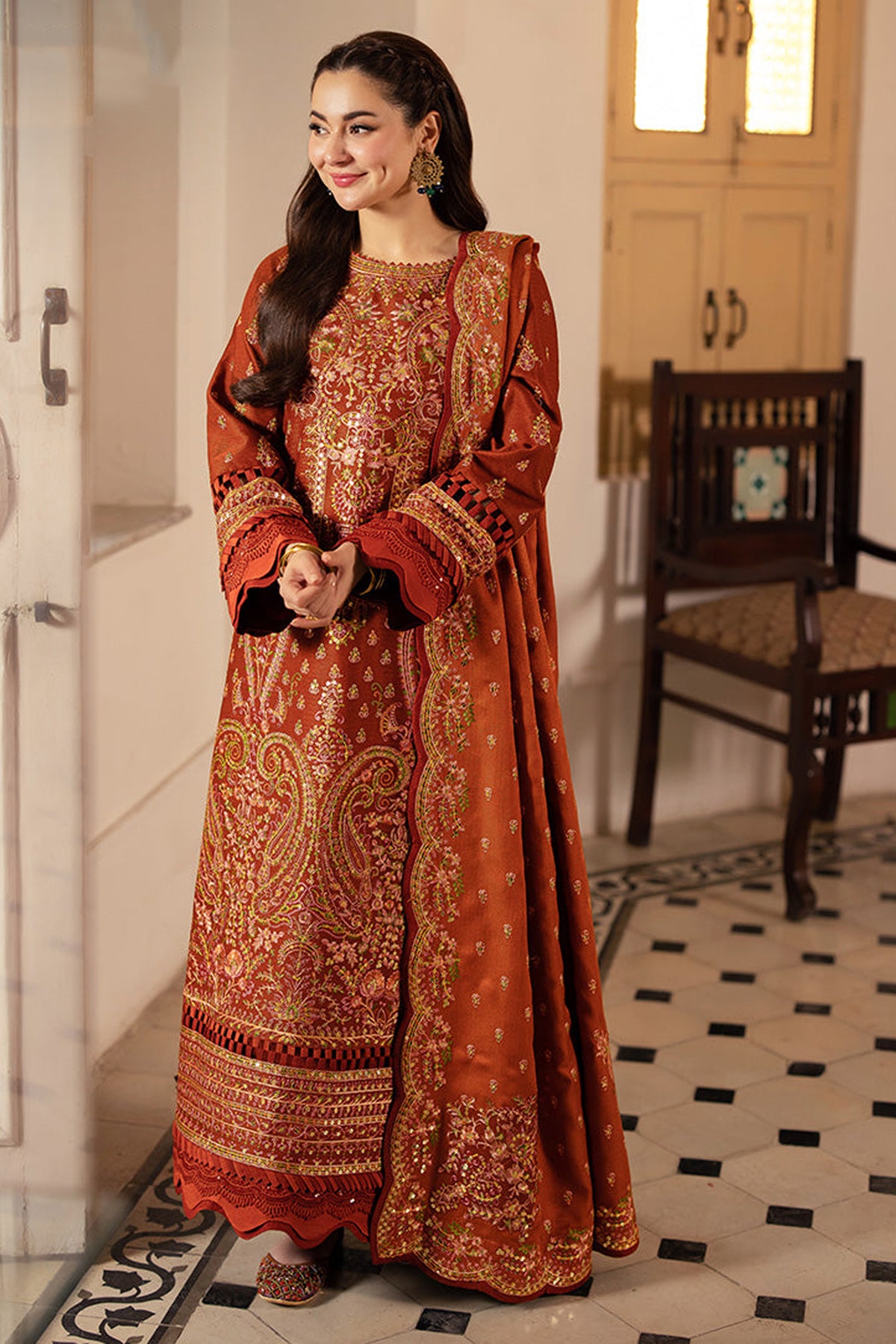 ASIM JOFA-3PC KARANDI SEQUIN EMBROIDERED SHIRT WITH KARANDI EMBROIDERED SHAWL AND TROUSER -BIC-4330