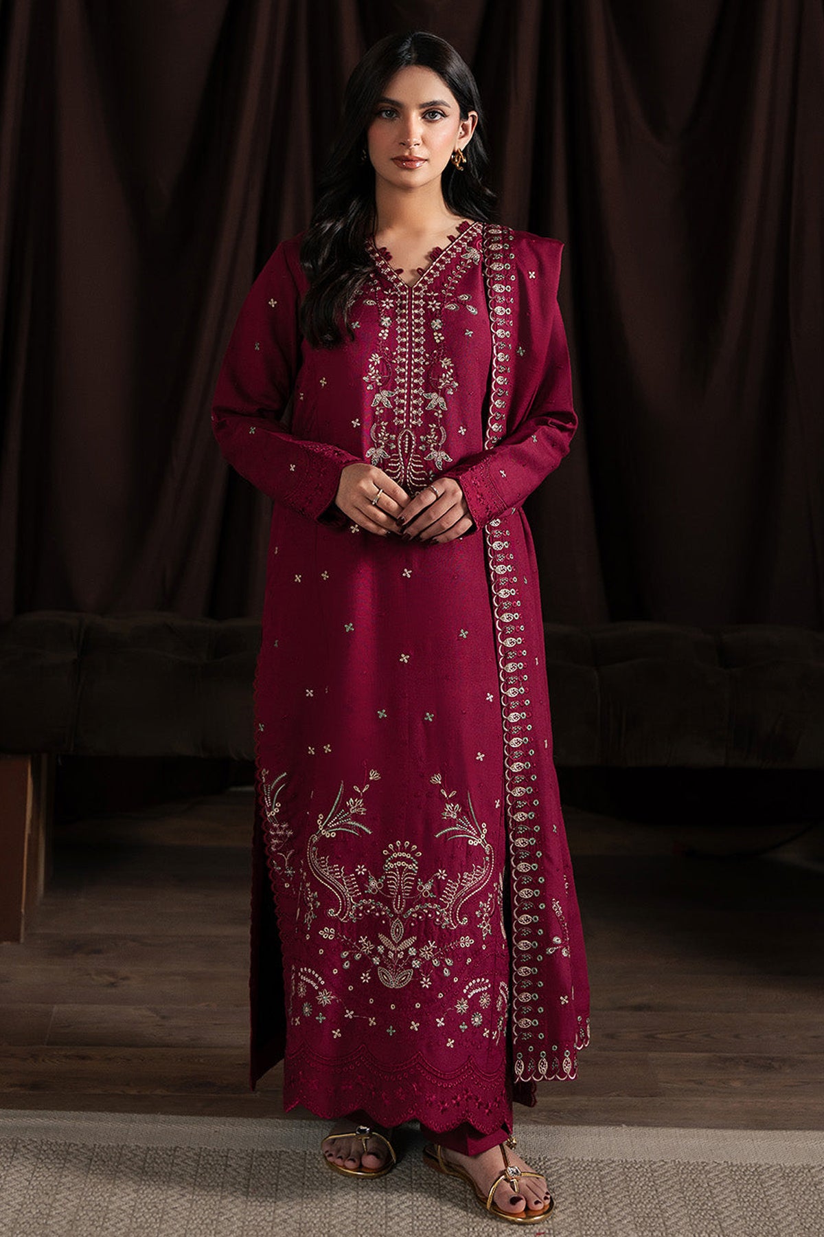 BATIK-3PC KARANDI EMBROIDERED SHIRT WITH KARANDI EMBROIDERED SHAWL AND TROUSER-BIC-4403