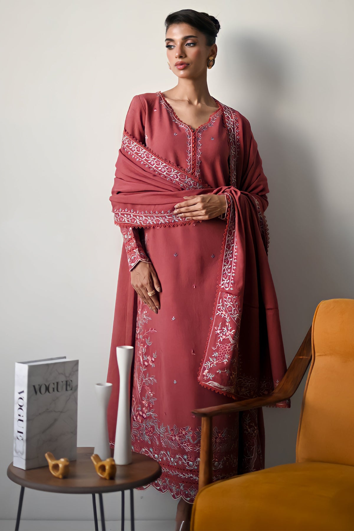 BATIK-3PC DHANAK EMBROIDERED SHIRT WITH DHANAK EMBROIDERED SHAWL AND TROUSER-BIC-4321