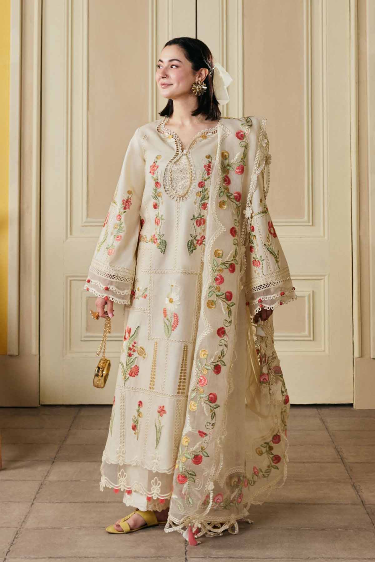 MARYAM HUSSAIN-3PC LAWN HEAVY EMBROIDERED SHIRT WITH ORGANZA EMB DUPATTA AND TROUSER-BIC-4903