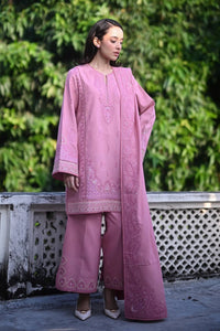 ZAIB-3PC DHANAK EMBROIDERED SHIRT WITH DHANAK EMBROIDERED SHAWL AND TROUSER-BIC-4399