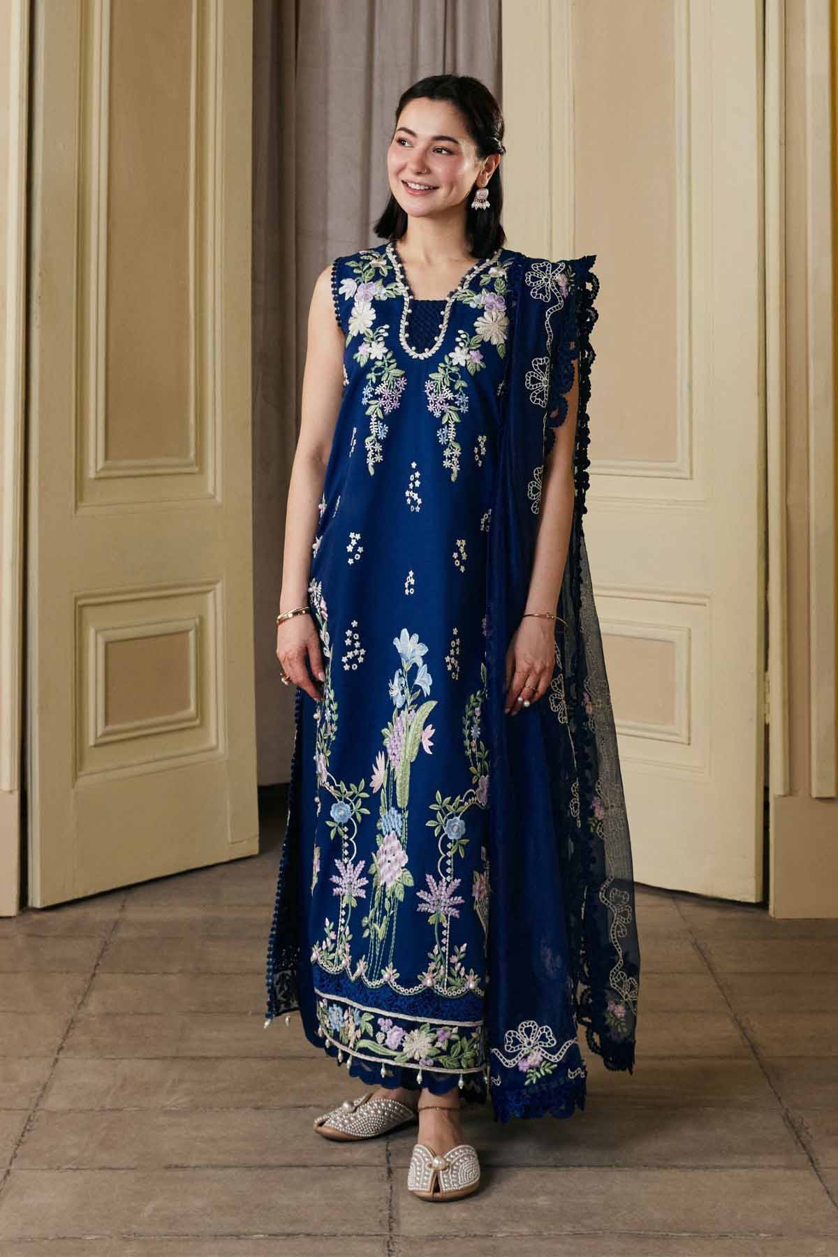 MARYAM HUSSAIN-3PC LAWN EMBROIDERED SHIRT WITH KHADDI NET EMB DUPATTA AND TROUSER-BIC-4910