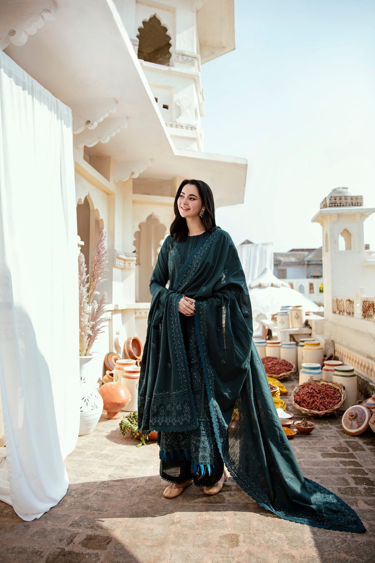 FLORENT-3PC DHANAK EMBROIDERED SHIRT WITH DHANAK EMBROIDERED SHAWL & TROUSER-BIC-4160