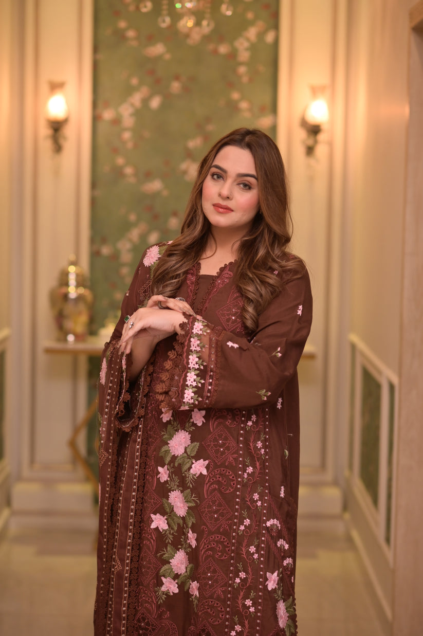 ANEELAS-3PC LAWN CHIKAN EMBROIDERED SHIRT WITH LAWN EMB DUPATTA AND TROUSER-BIC-4809