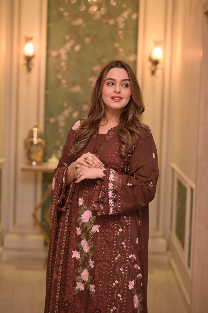 ANEELAS-3PC LAWN CHIKAN EMBROIDERED SHIRT WITH LAWN EMB DUPATTA AND TROUSER-BIC-4809