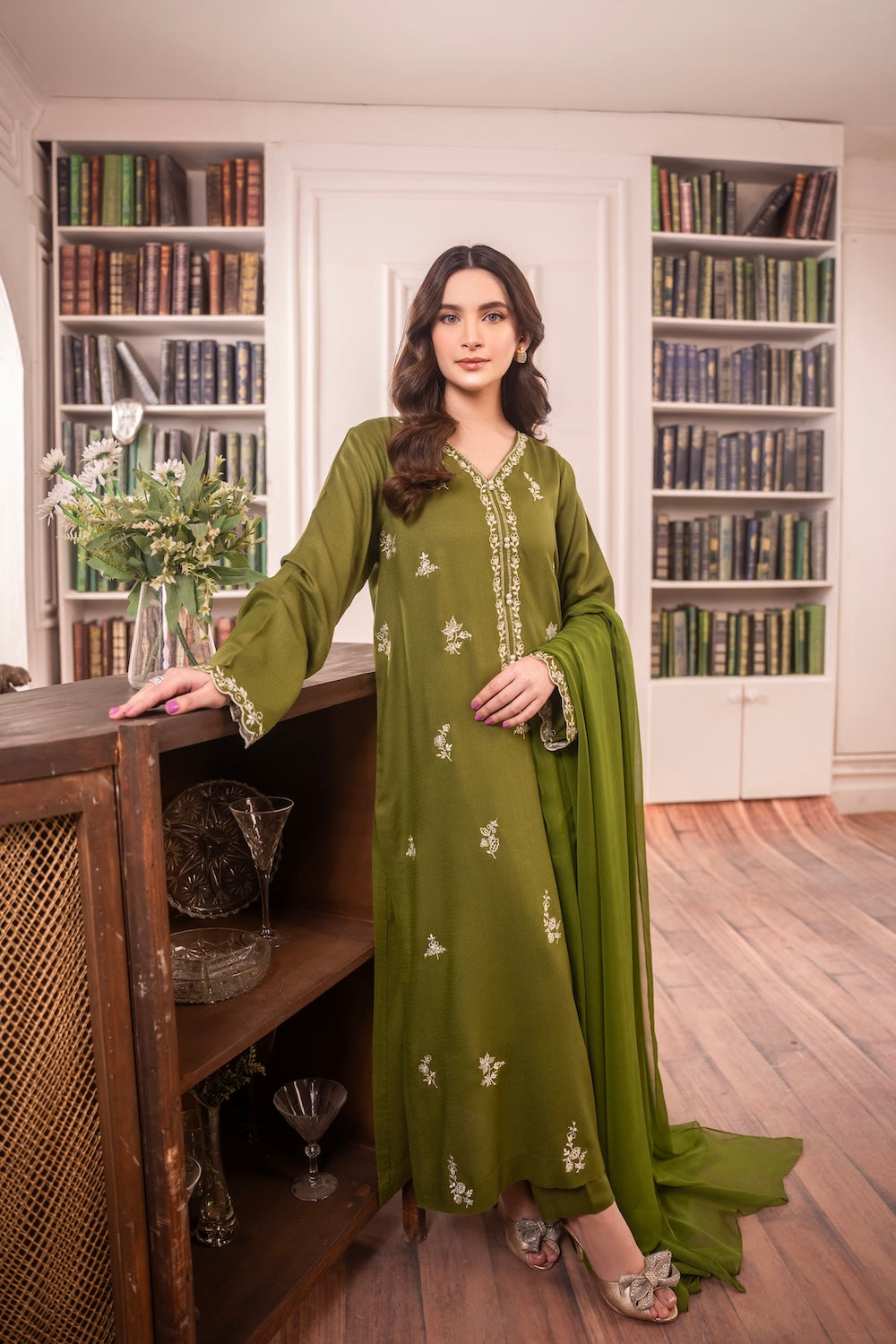 SAPPHIRE-3PC DHANAK EMBROIDERED SHIRT WITH CHIFFON DUPATTA AND TROUSER-BIC-4084