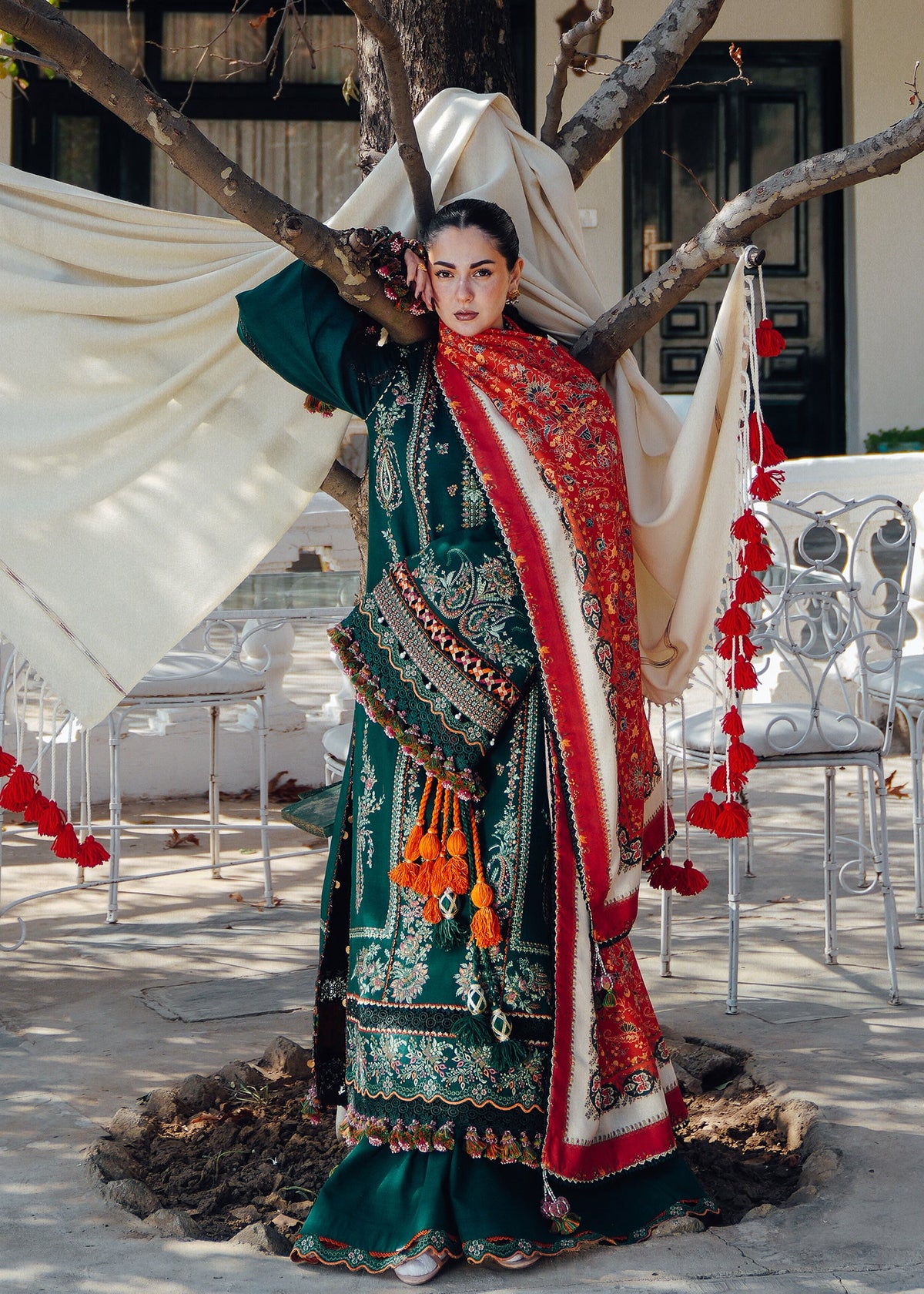 HUSSAIN REHAR-3PC DHANAK EMBROIDERED SHIRT WITH COUTRAI PRINTED SHAWL AND TROUSER-BIC-5212