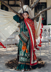 HUSSAIN REHAR-3PC DHANAK EMBROIDERED SHIRT WITH COUTRAI PRINTED SHAWL AND TROUSER-BIC-5212