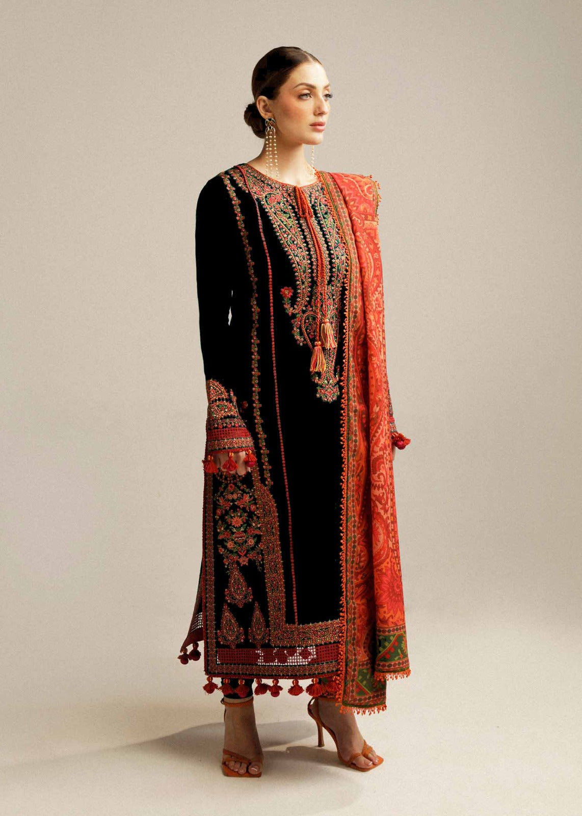 HUSSAIN REHAR-3PC DHANAK EMBROIDERED SHIRT WITH COURTRAI PRINTED SHAWL AND TROUSER-BIC-4343 BLACK