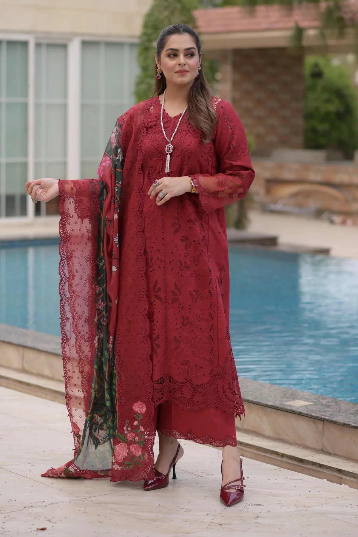 ANEELAS-3PC LAWN CHIKAN EMBROIDERED SHIRT WITH CHIFFON PRINTED EMB DUPATTA AND TROUSER-BIC-4875