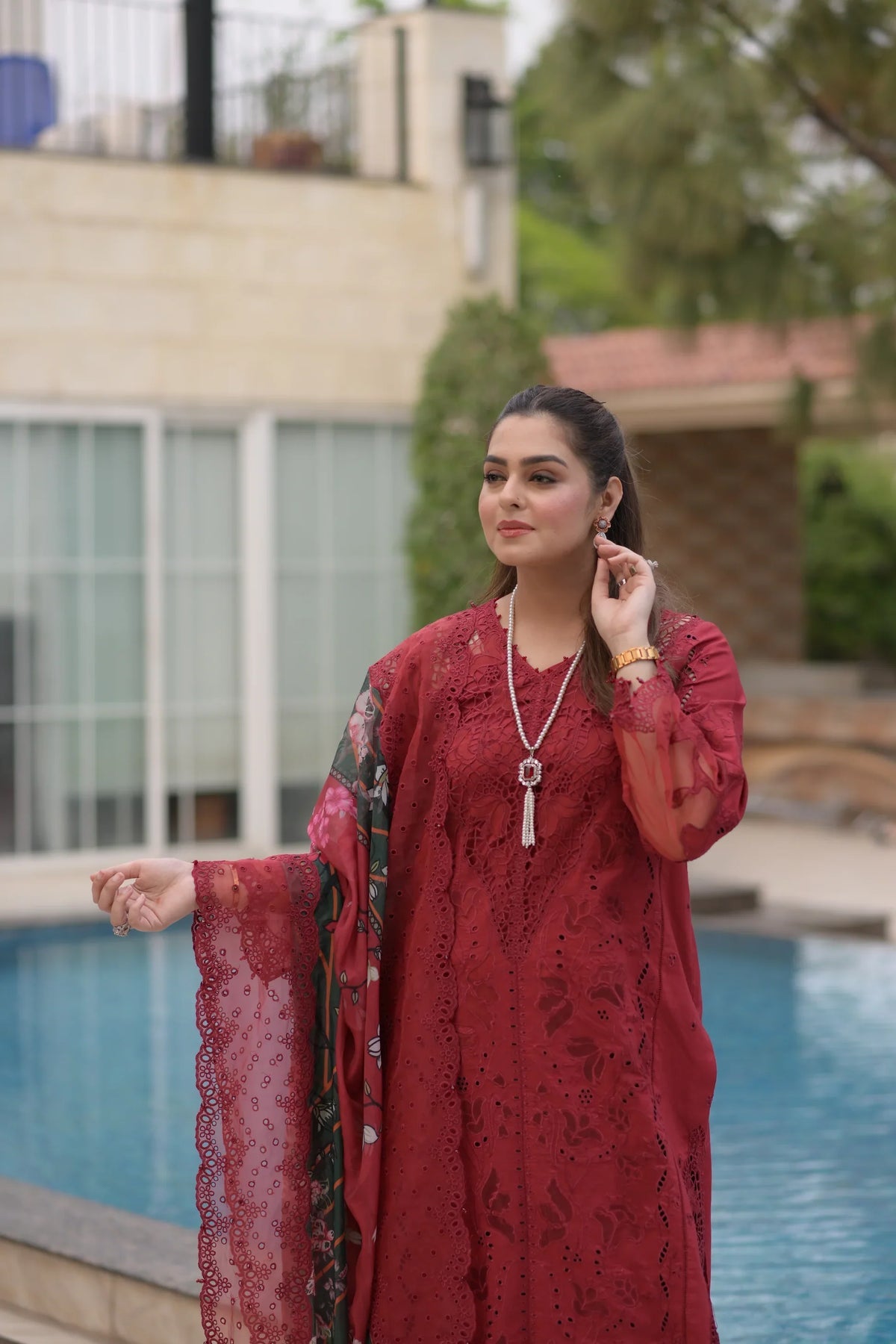 ANEELAS-3PC LAWN CHIKAN EMBROIDERED SHIRT WITH CHIFFON PRINTED EMB DUPATTA AND TROUSER-BIC-4875