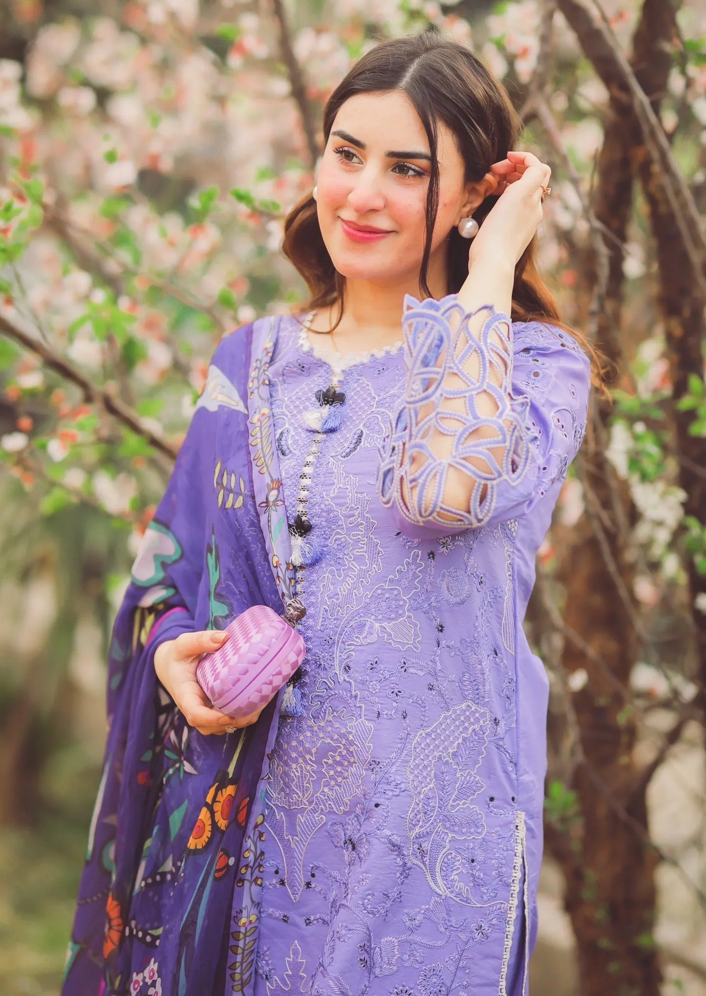 MUSHQ - 3PC DHANAK EMBROIDEREDSHIRT WITH COUTURE PRINTED SHAWL- BIC-4070