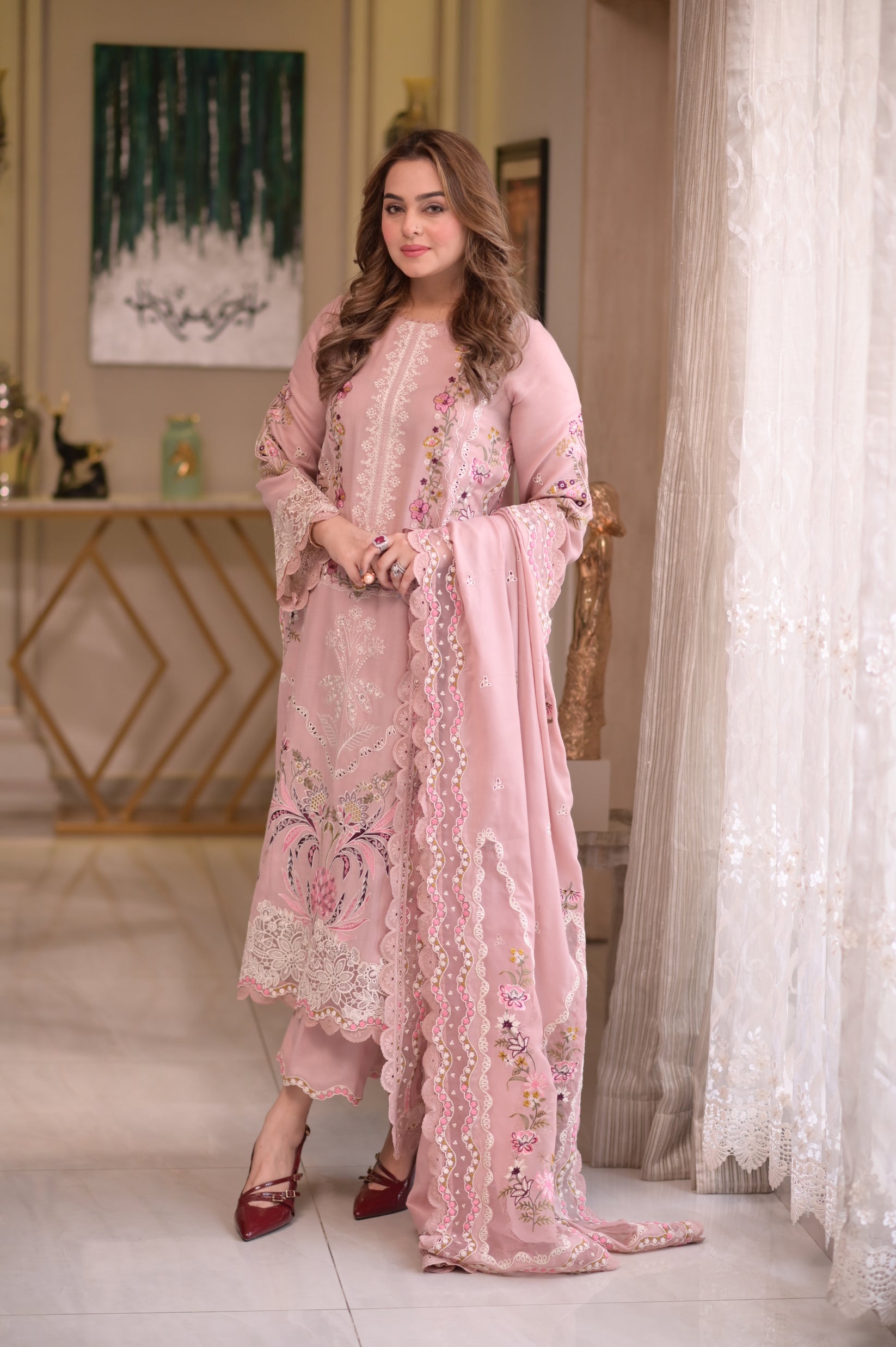 ASIM JOFA-3PC LAWN CHIKAN EMBROIDERED SHIRT WITH LAWN EMBROIDERED DUPATTA & EMB TROUSER-BIC-4667