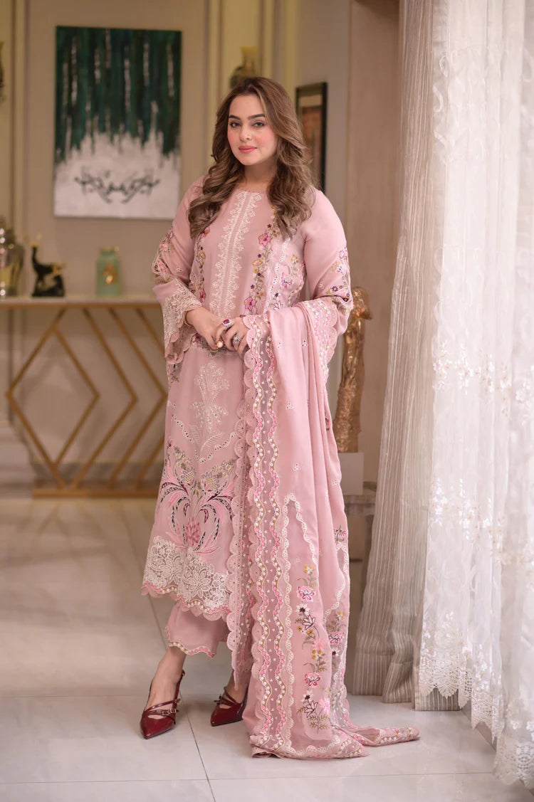 ANNELA`S-3PC DHANAK EMBROIDERED SHIRT WITH DHANAK EMBROIDERED DUPATTA & EMB TROUSER-BIC-4667