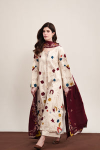 ZAIB-3PC DHANAK EMBROIDERED SHIRT WITH DHANAK EMBROIDERED SHAWL AND TROUSER-BIC-5325