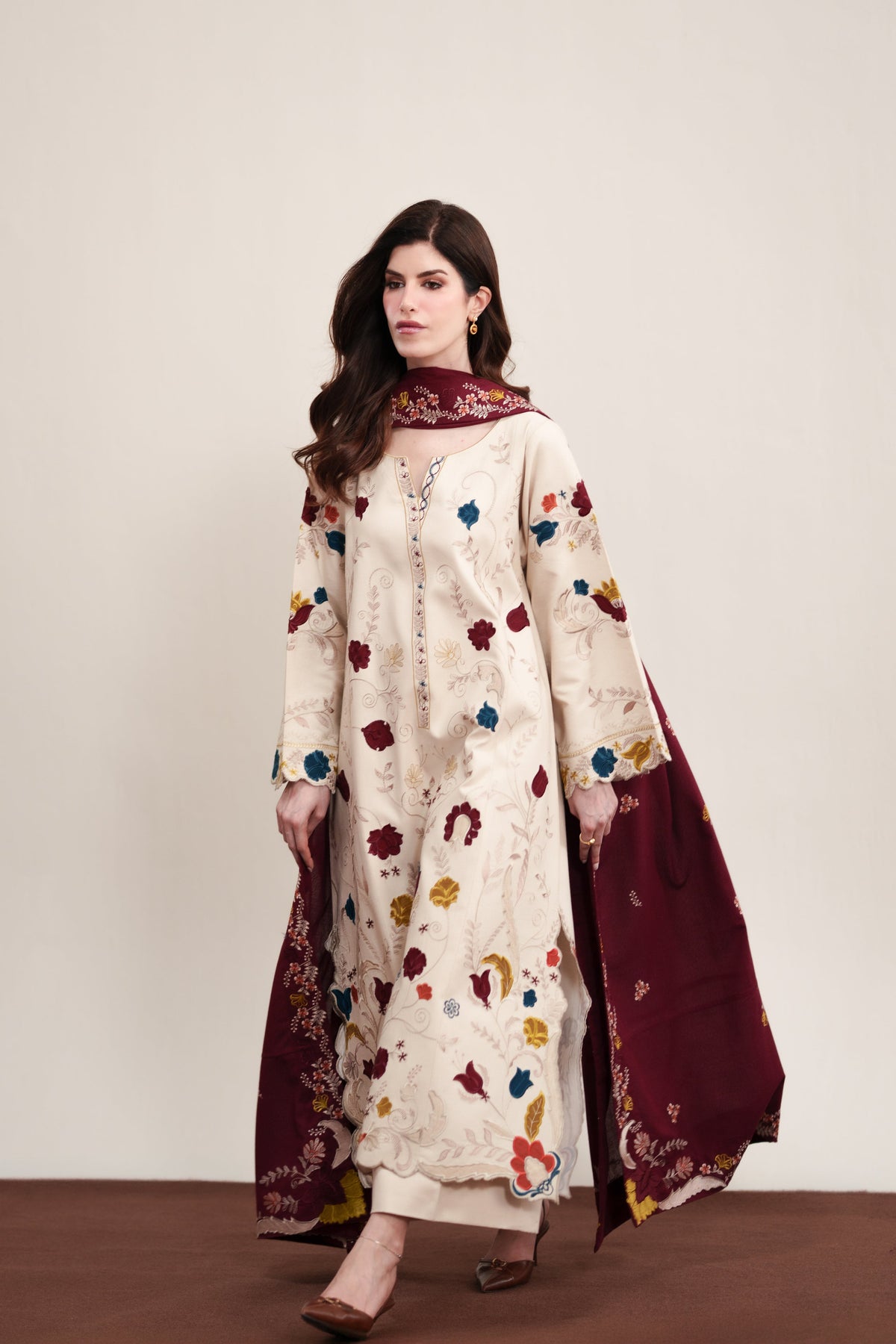 ZAIB-3PC DHANAK EMBROIDERED SHIRT WITH DHANAK EMBROIDERED SHAWL AND TROUSER-BIC-5325