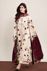 ZAIB-3PC DHANAK EMBROIDERED SHIRT WITH DHANAK EMBROIDERED SHAWL AND TROUSER-BIC-5325