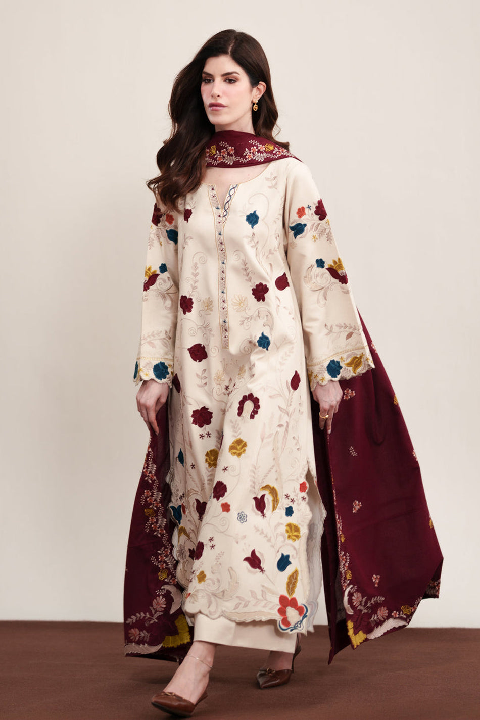 ZAIB-3PC DHANAK EMBROIDERED SHIRT WITH DHANAK EMBROIDERED SHAWL AND TROUSER-BIC-5325