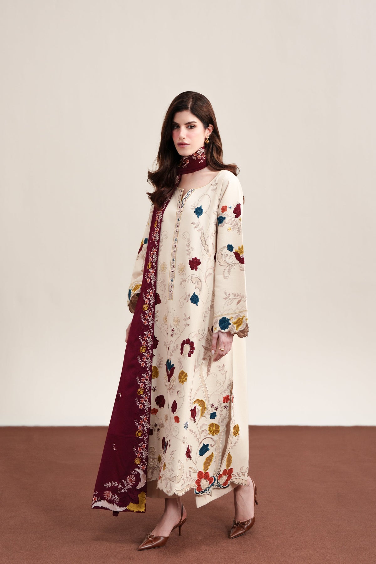 ZAIB-3PC DHANAK EMBROIDERED SHIRT WITH DHANAK EMBROIDERED SHAWL AND TROUSER-BIC-5325