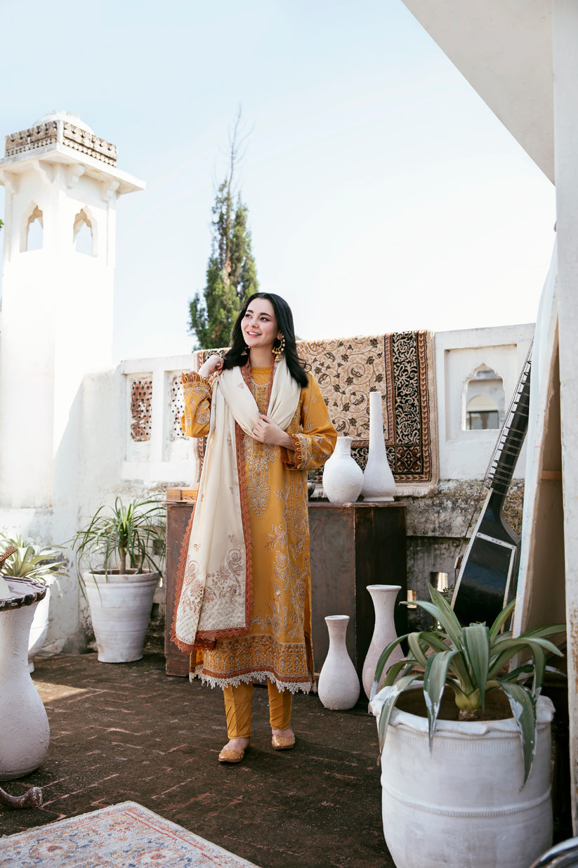 FLORENT-3PC DHANAK EMBROIDERED SHIRT WITH DHANAK EMBROIDERED SHAWL AND TROUSER BIC-4150