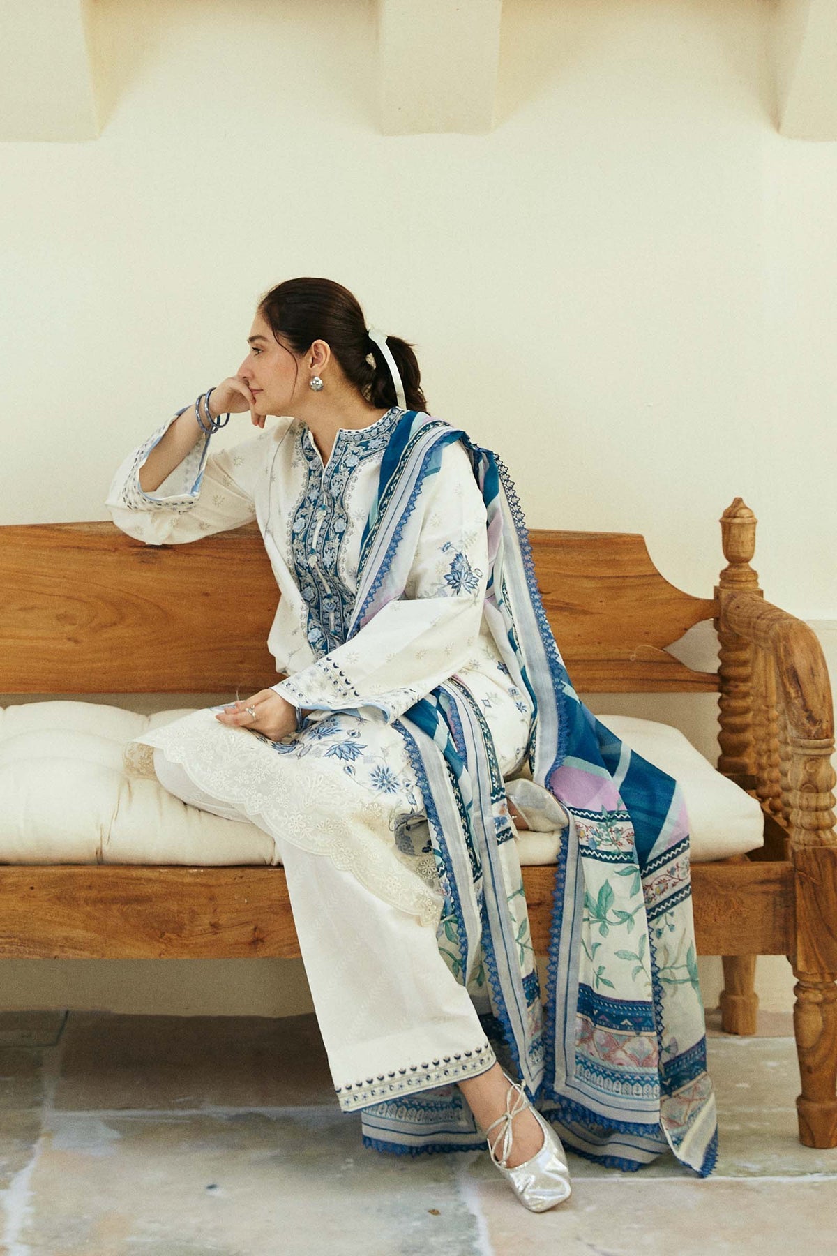 ZAHRA SHAHJAHAN- 3PC DHANAK  EMBROIDERED SHIRT WITH WOOL PRINT SHAWL-BIC-3233