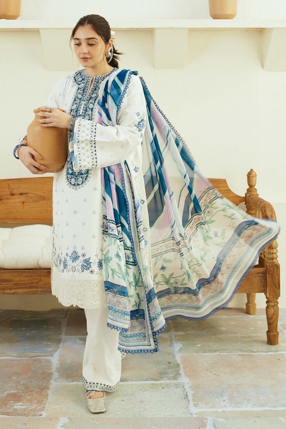 ZAHRA SHAHJAHAN- 3PC DHANAK  EMBROIDERED SHIRT WITH WOOL PRINT SHAWL-BIC-3233