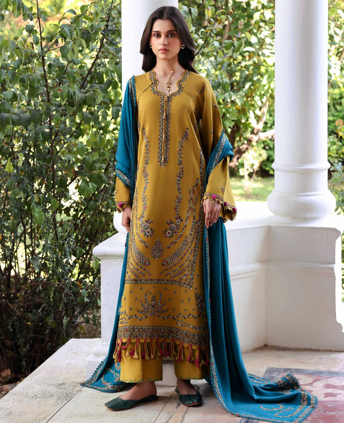 REPUBLIC WOMENSWEAR-3PC DHANAK EMBROIDERED SHIRT WITH DHANAK EMBROIDERED SHAWL AND TROUSER-BIC-5238