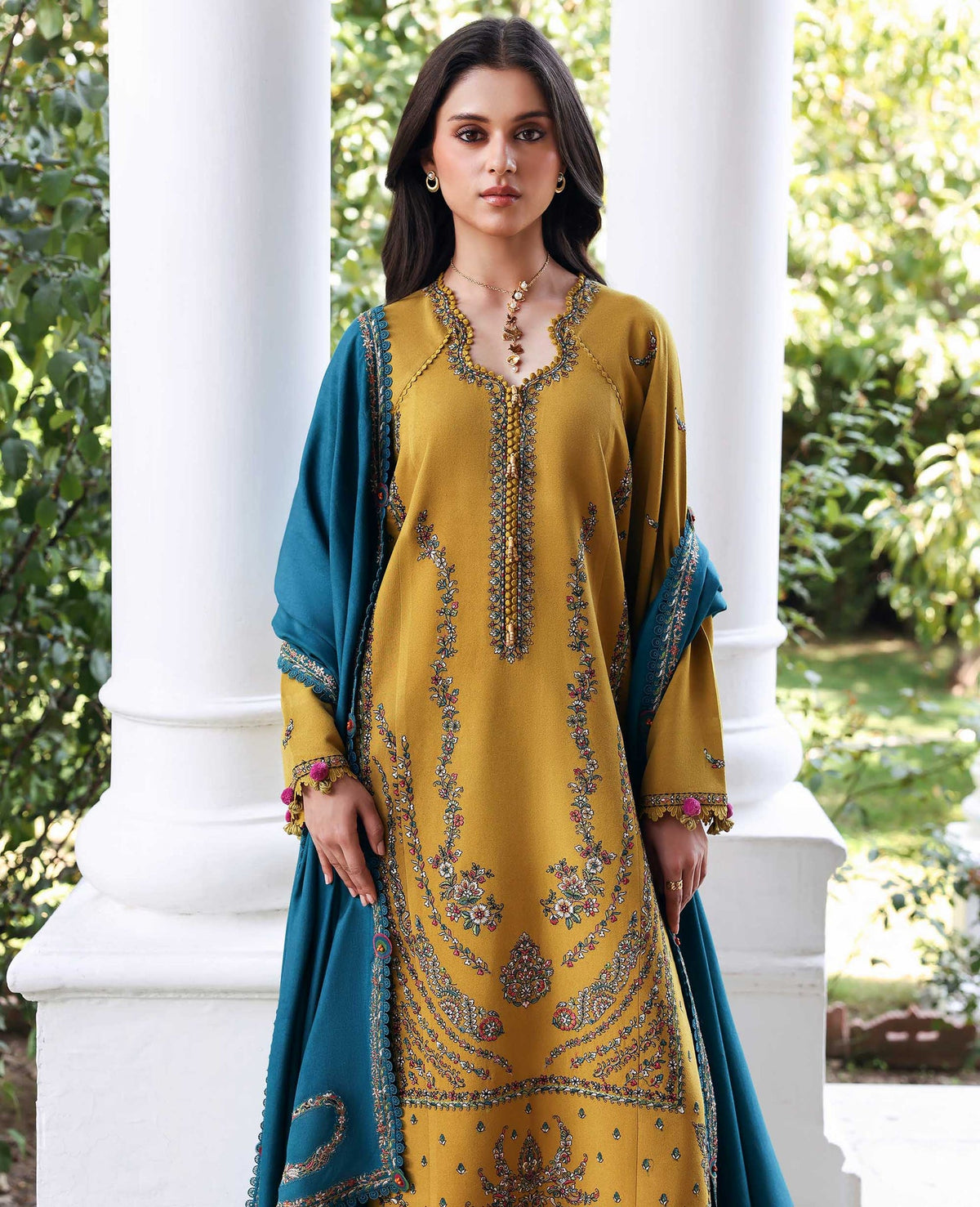 REPUBLIC WOMENSWEAR-3PC DHANAK EMBROIDERED SHIRT WITH DHANAK EMBROIDERED SHAWL AND TROUSER-BIC-5238
