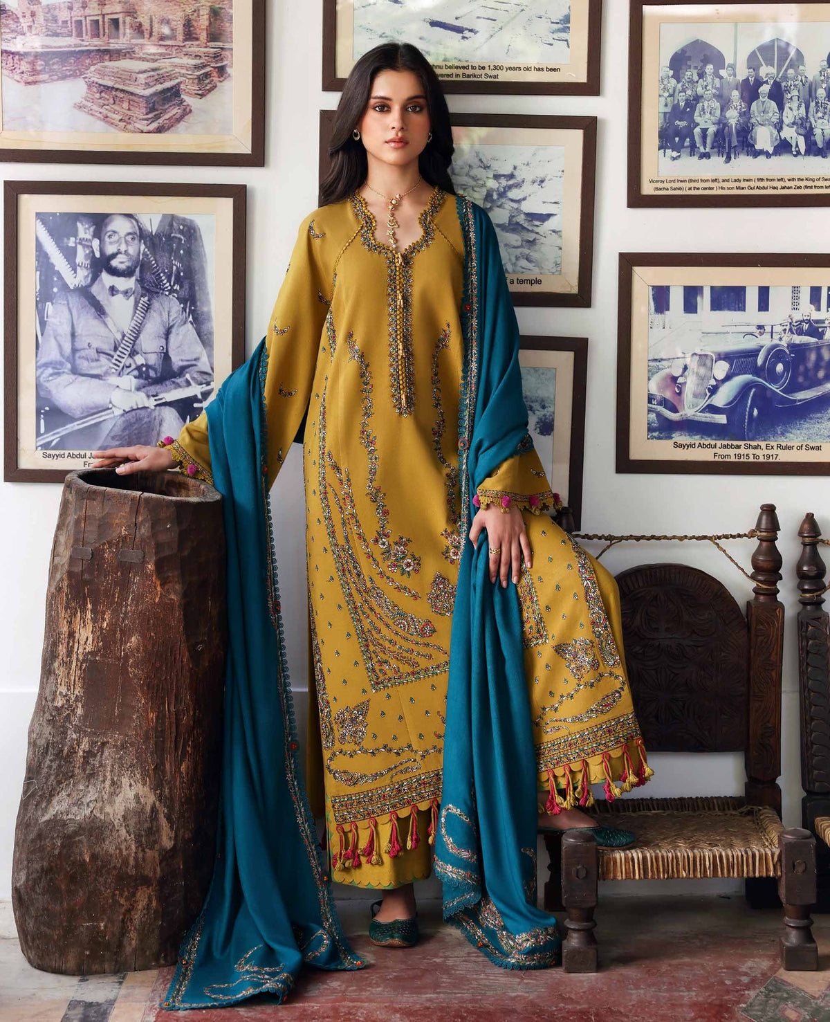 REPUBLIC WOMENSWEAR-3PC DHANAK EMBROIDERED SHIRT WITH DHANAK EMBROIDERED SHAWL AND TROUSER-BIC-5238