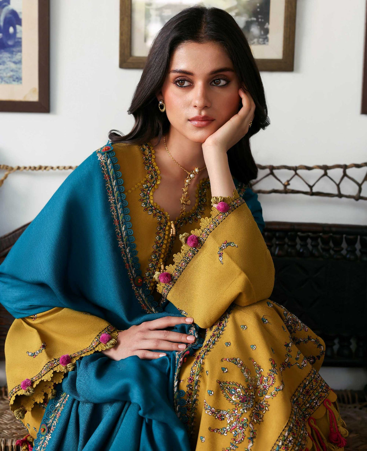 REPUBLIC WOMENSWEAR-3PC DHANAK EMBROIDERED SHIRT WITH DHANAK EMBROIDERED SHAWL AND TROUSER-BIC-5238