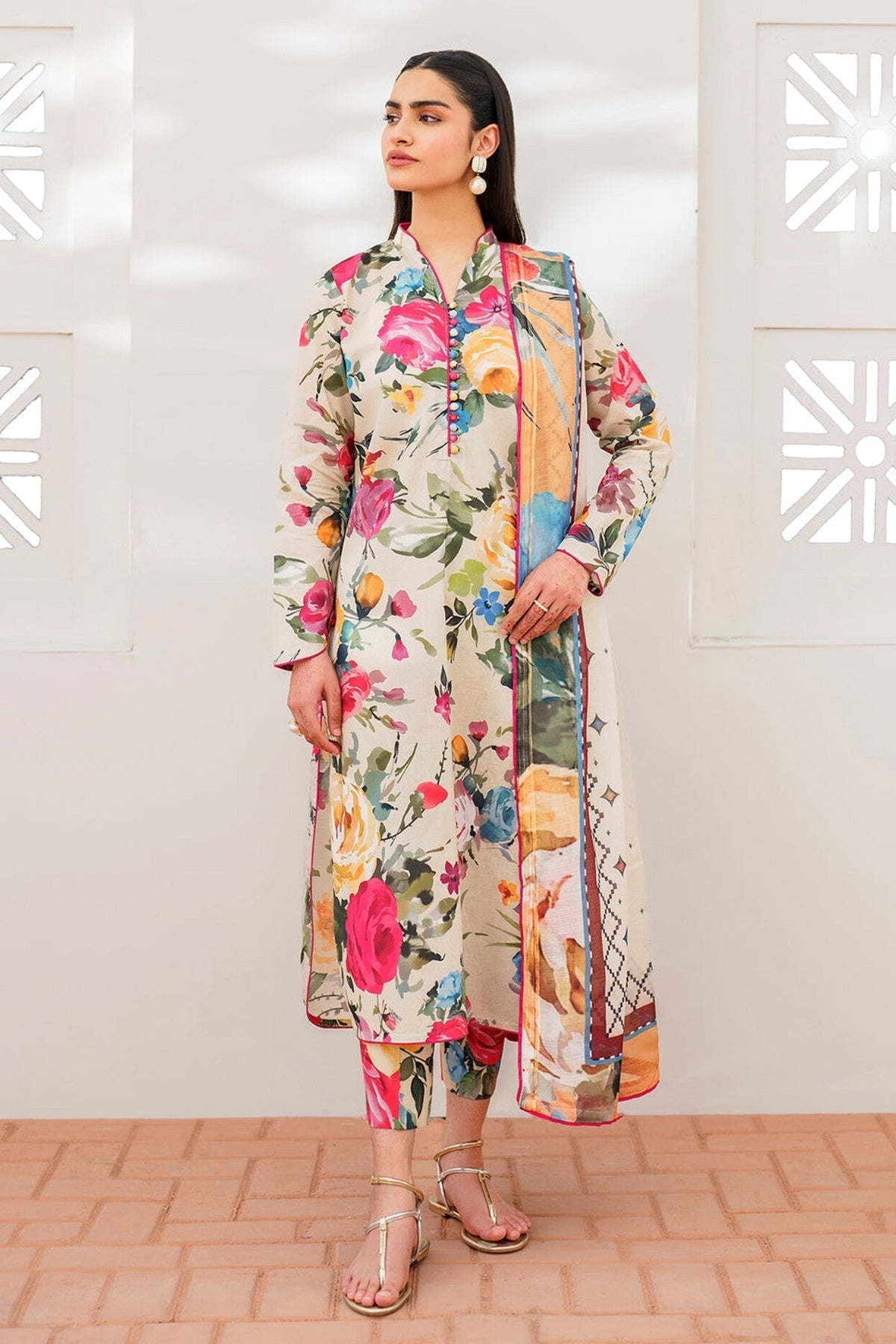 BAROUQE-3PC KARANDI PRINTED SHIRT WITH KARANDI PRINTED DUPATTA AND TROUSER-BIC-2578