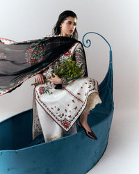 HUSSAIN REHAR-3PC DHANAK EMBROIDERED SHIRT WITH WOOL PRINTED SHAWL AND EMB TROUSER-BIC-5244