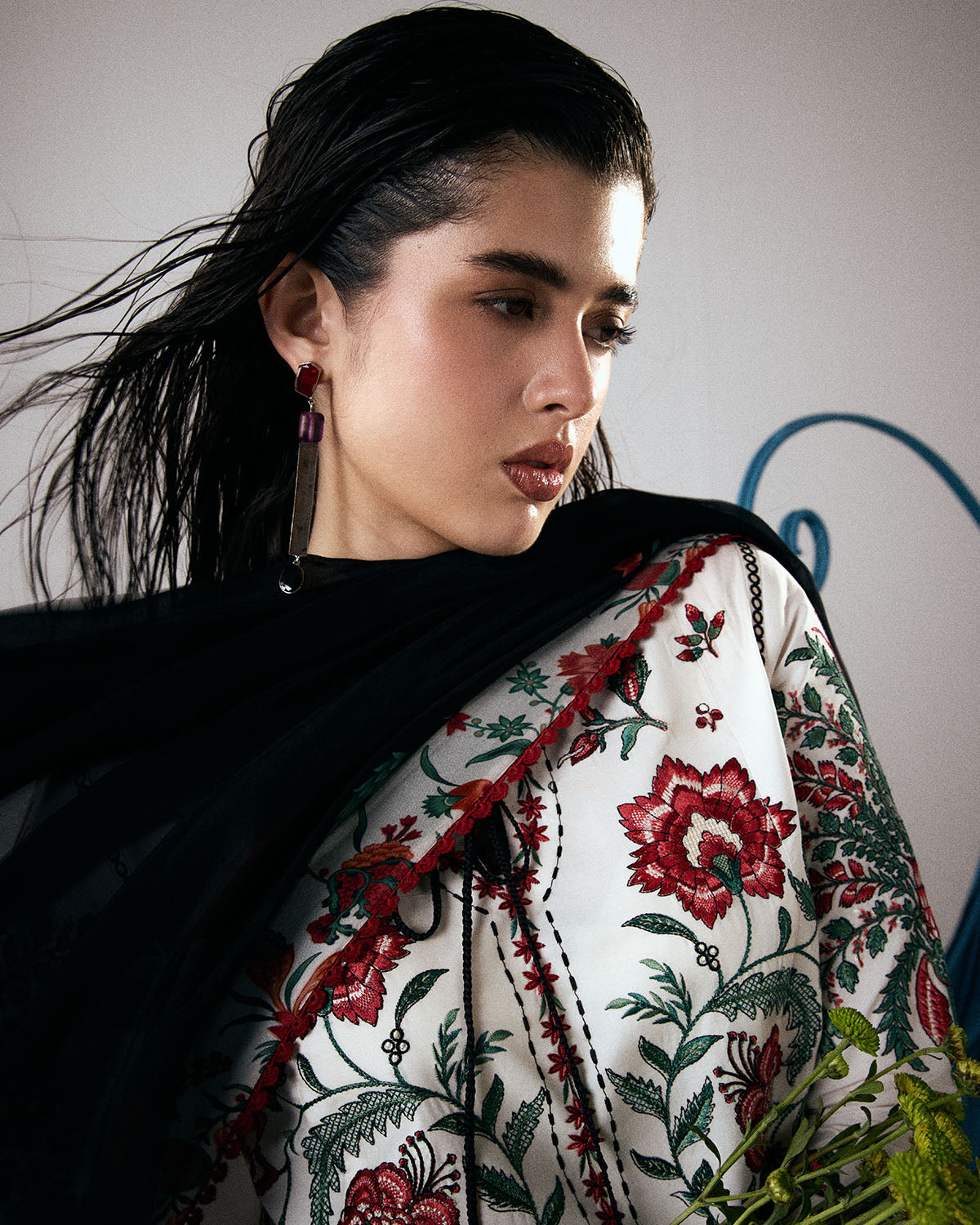 HUSSAIN REHAR-3PC DHANAK EMBROIDERED SHIRT WITH WOOL PRINTED SHAWL AND EMB TROUSER-BIC-5244