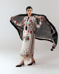 HUSSAIN REHAR-3PC DHANAK EMBROIDERED SHIRT WITH WOOL PRINTED SHAWL AND EMB TROUSER-BIC-5244