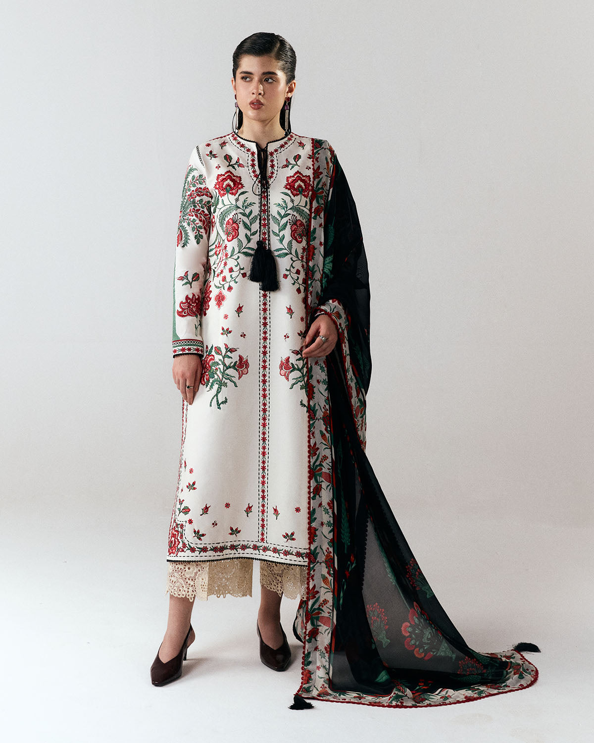 HUSSAIN REHAR-3PC DHANAK EMBROIDERED SHIRT WITH WOOL PRINTED SHAWL AND EMB TROUSER-BIC-5244
