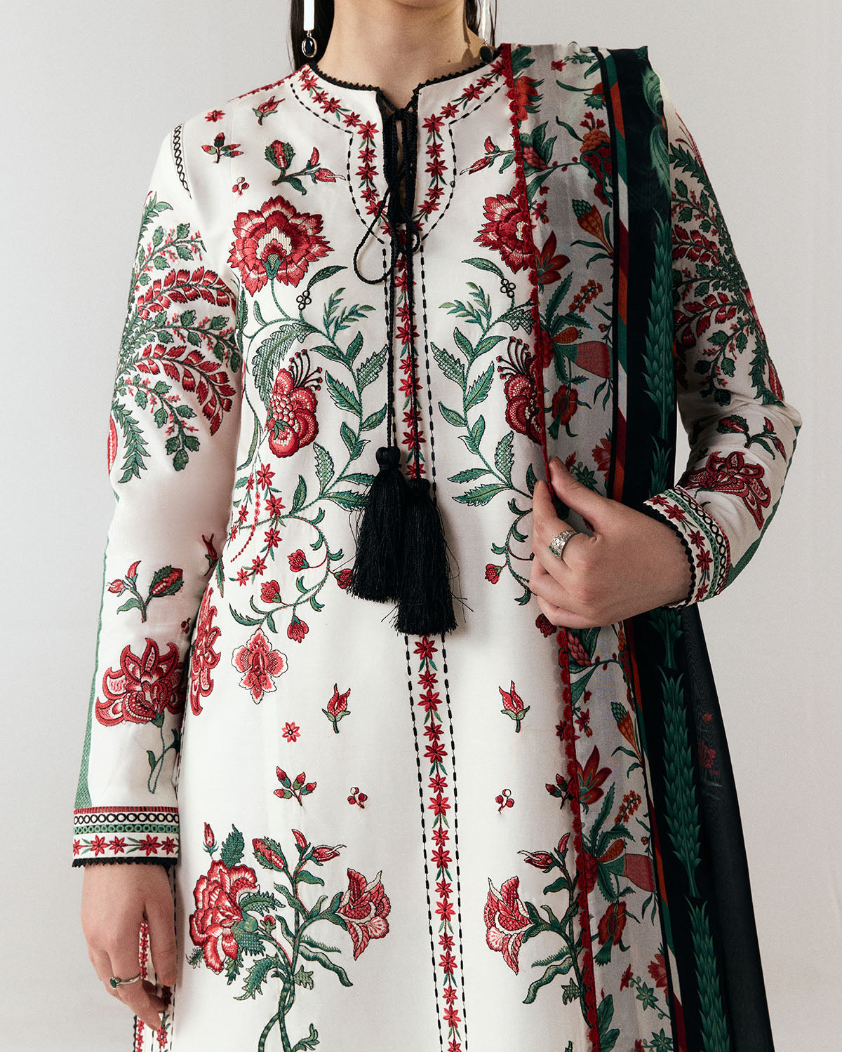HUSSAIN REHAR-3PC DHANAK EMBROIDERED SHIRT WITH WOOL PRINTED SHAWL AND EMB TROUSER-BIC-5244