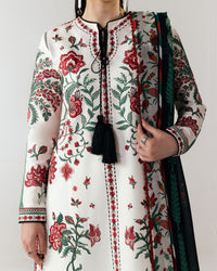 HUSSAIN REHAR-3PC DHANAK EMBROIDERED SHIRT WITH WOOL PRINTED SHAWL AND EMB TROUSER-BIC-5244