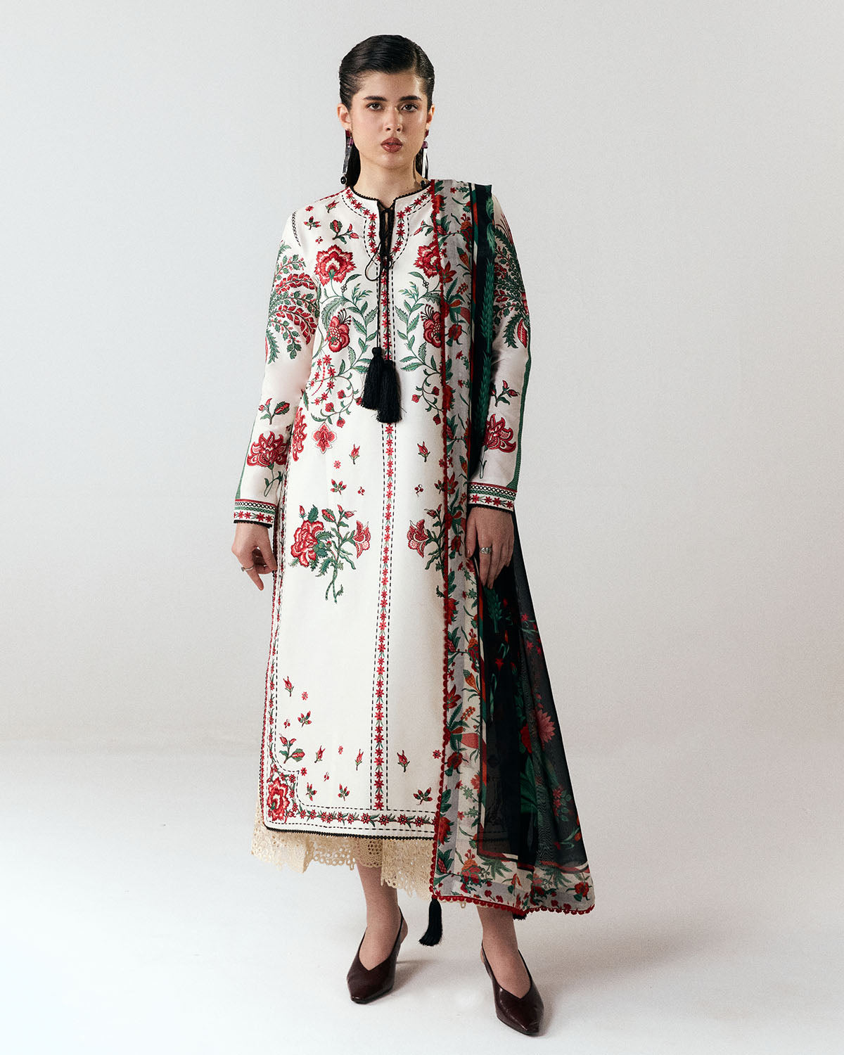 HUSSAIN REHAR-3PC DHANAK EMBROIDERED SHIRT WITH WOOL PRINTED SHAWL AND EMB TROUSER-BIC-5244