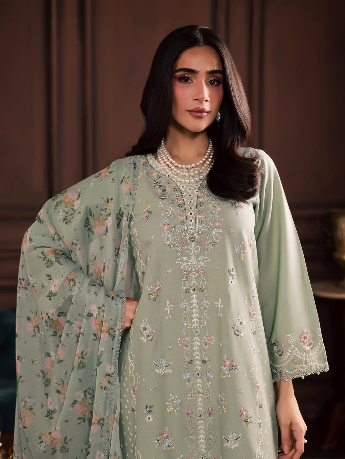 BATIK-3PC DHANAK EMBROIDERED SHIRT WITH COUTRAI PRINTED SHAWL AND TROUSER-BIC-5191