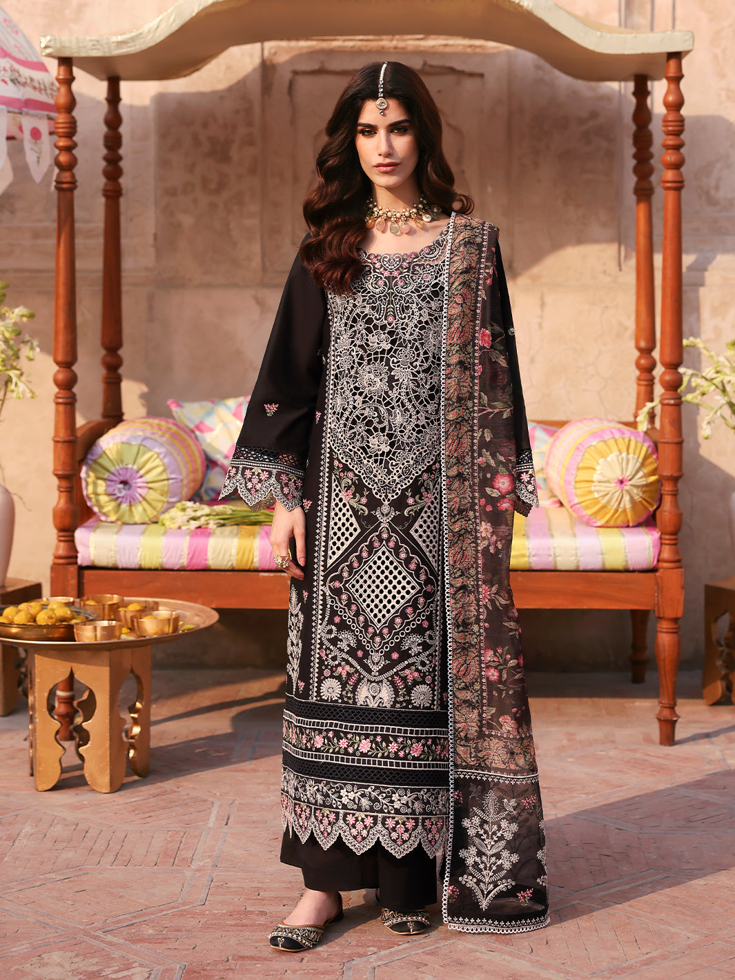 MAHNUR-3PC LAWN LASER WORK EMBROIDERED SHIRT WITH CHIFFON PRINTED EMBROIDERED DUPATTA AND TROUSER-BIC-4772