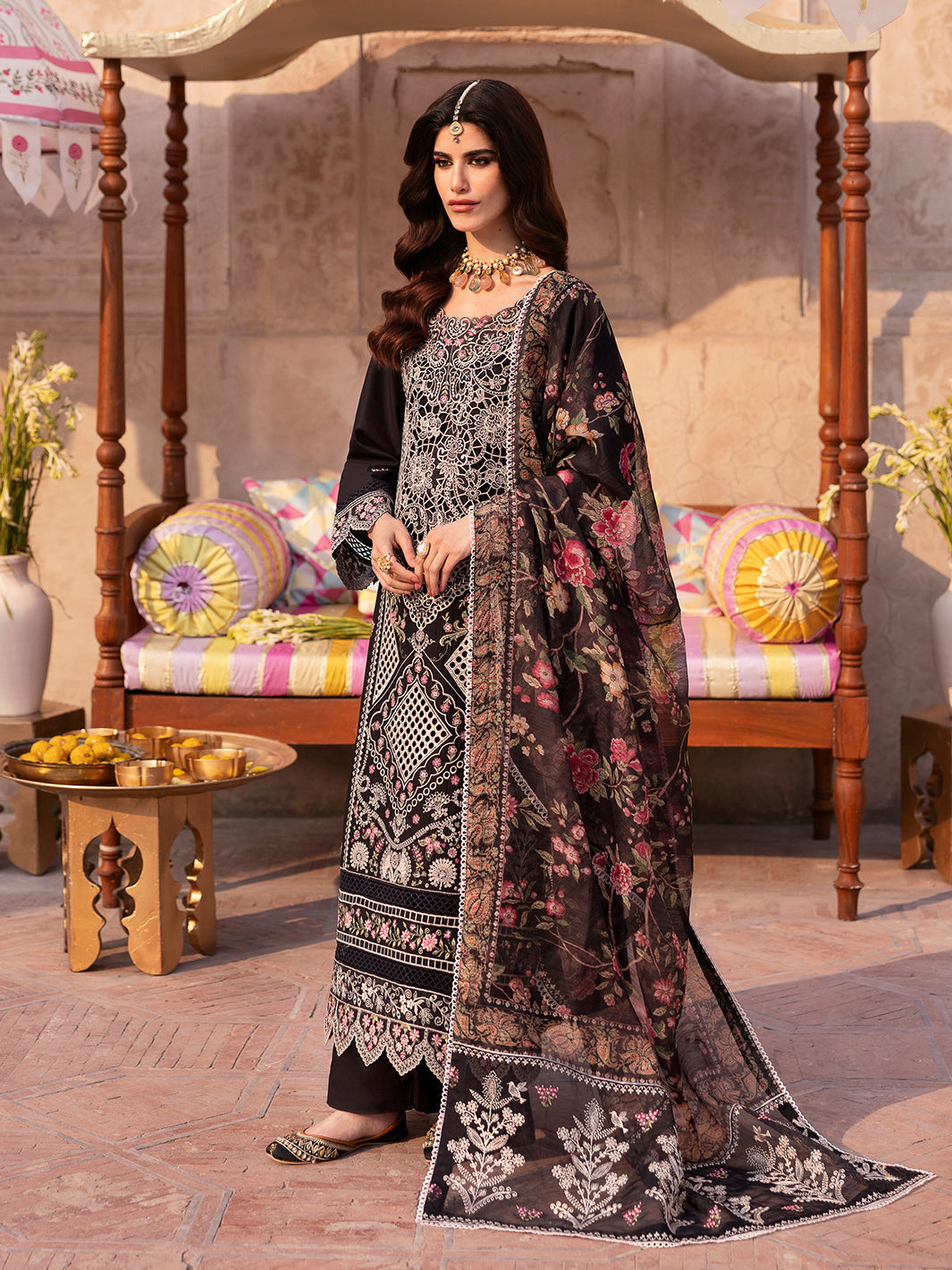 MAHNUR-3PC LAWN LASER WORK EMBROIDERED SHIRT WITH CHIFFON PRINTED EMBROIDERED DUPATTA AND TROUSER-BIC-4772