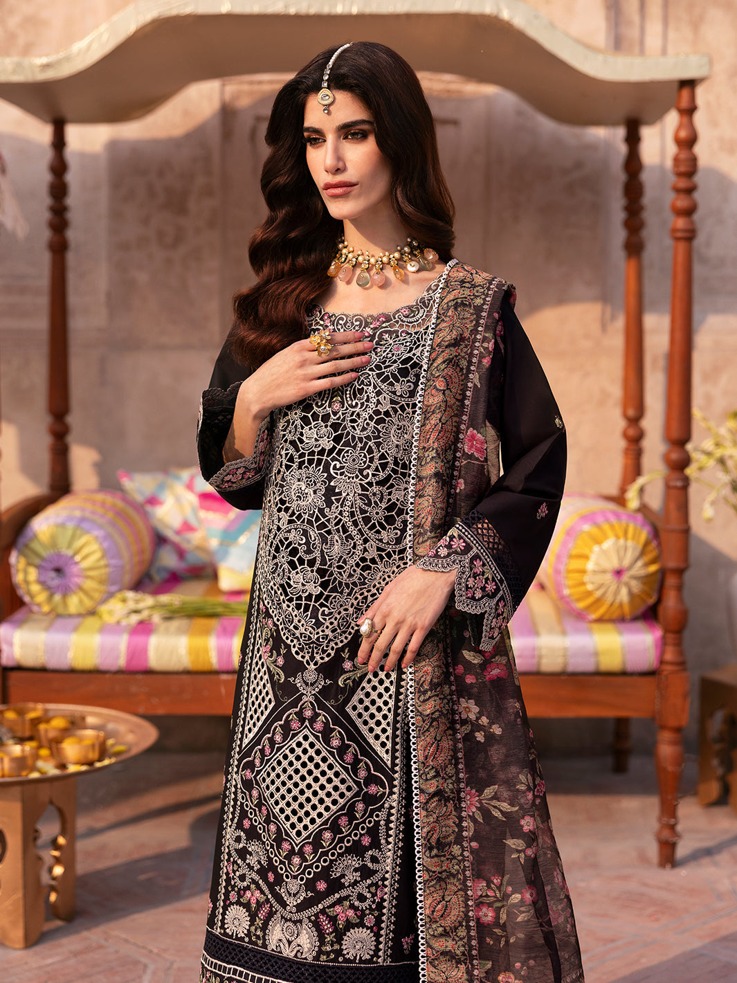 MAHNUR-3PC LAWN LASER WORK EMBROIDERED SHIRT WITH CHIFFON PRINTED EMBROIDERED DUPATTA AND TROUSER-BIC-4772