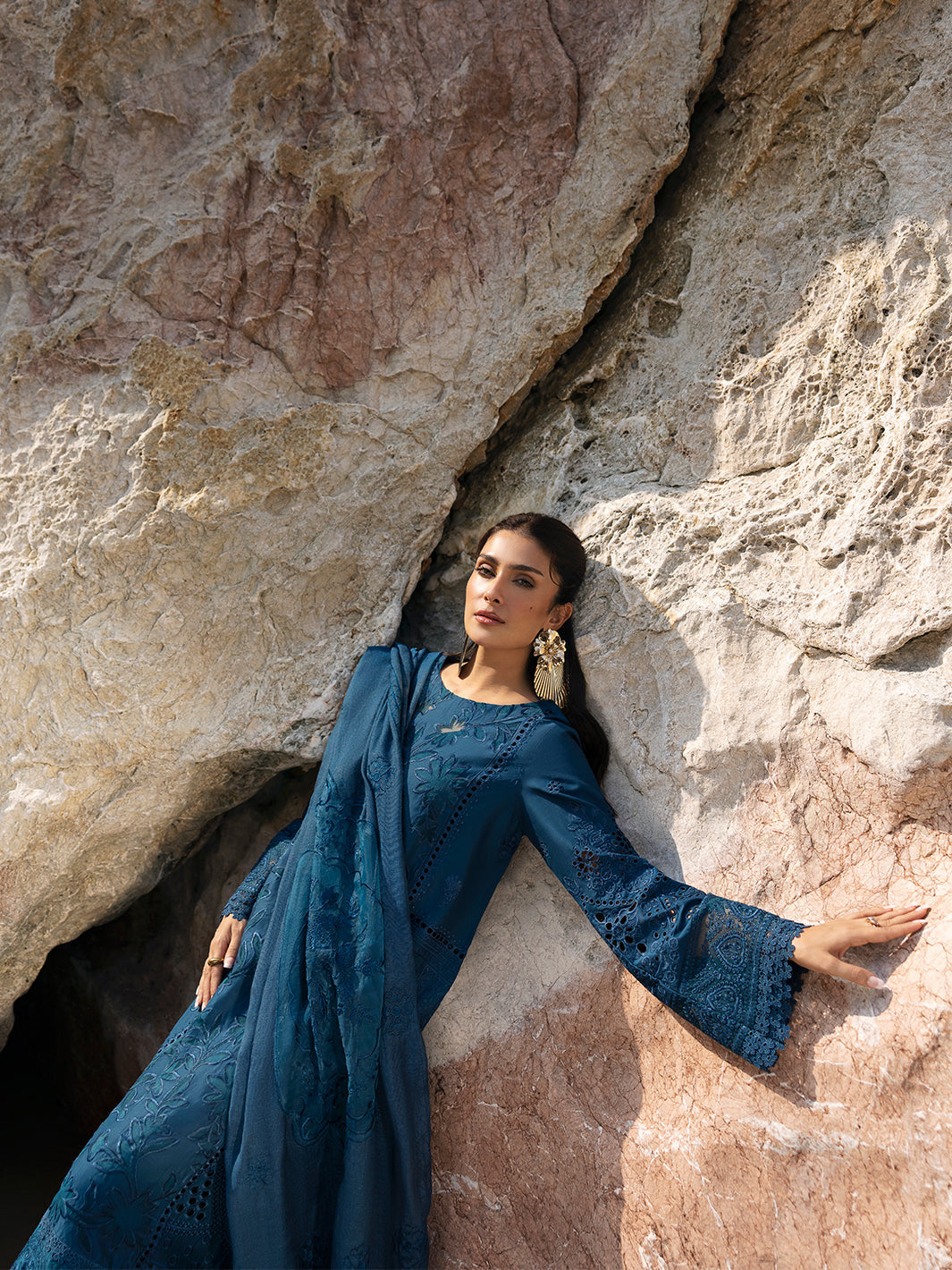 MAHNUR-3PC LAWN LASER WORK EMBROIDERED SHIRT WITH KHAADI NET EMBROIDERED DUPATTA AND TROUSER -BIC-4741