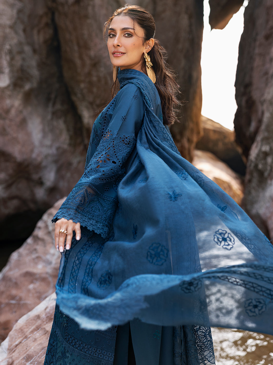 MAHNUR-3PC LAWN LASER WORK EMBROIDERED SHIRT WITH KHAADI NET EMBROIDERED DUPATTA AND TROUSER -BIC-4741