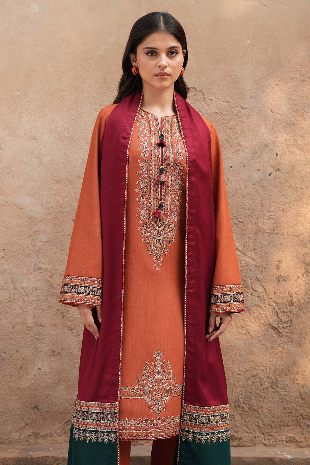 JAZMIN-3PC DHANAK EMBROIDERED SHIRT WITH COURTRAI PRINTED SHAWL AND TROUSER-BIC-4244