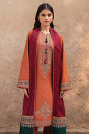 JAZMIN-3PC DHANAK EMBROIDERED SHIRT WITH COURTRAI PRINTED SHAWL AND TROUSER-BIC-4244