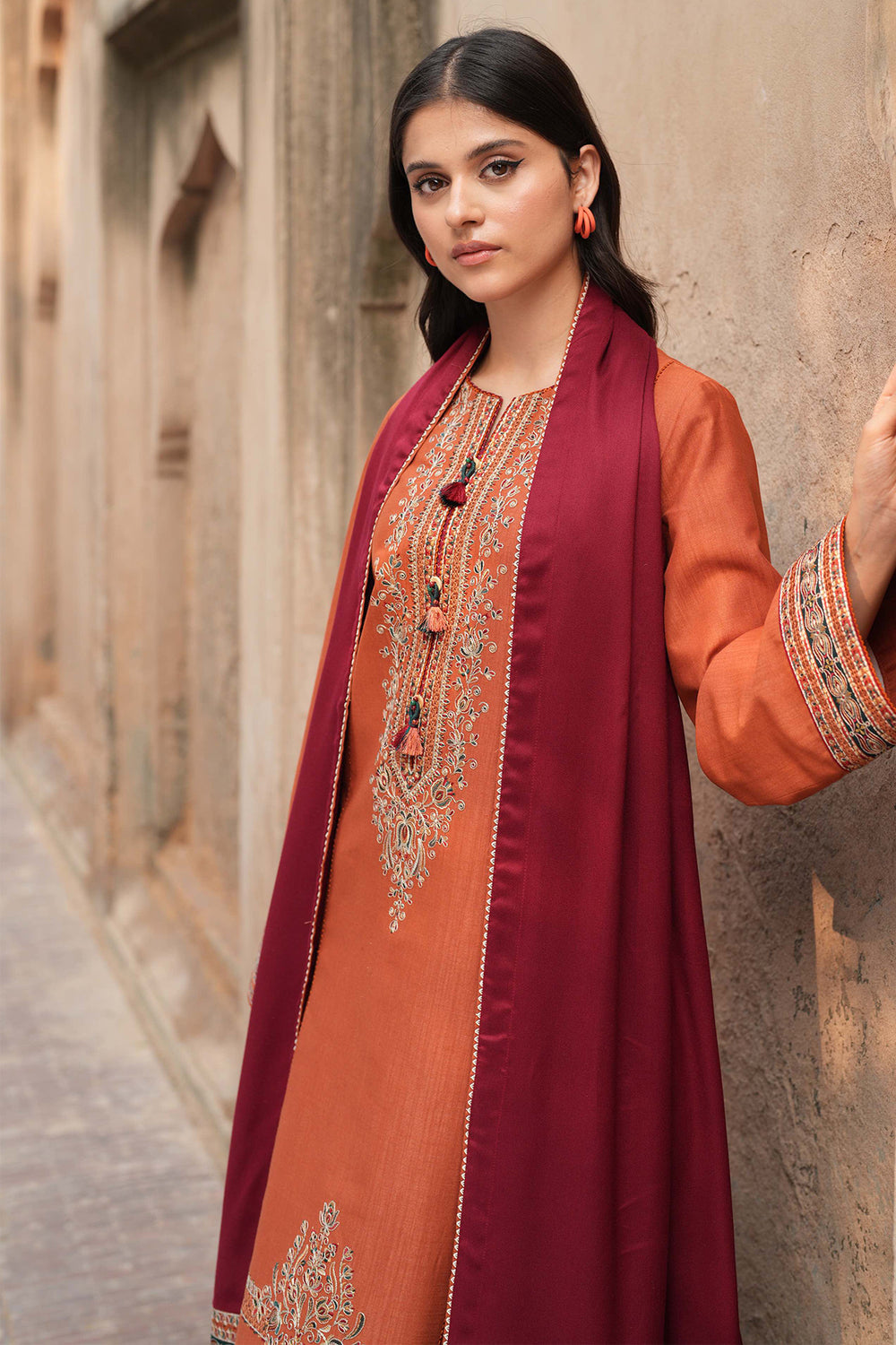 JAZMIN-3PC DHANAK EMBROIDERED SHIRT WITH COURTRAI PRINTED SHAWL AND TROUSER-BIC-4244