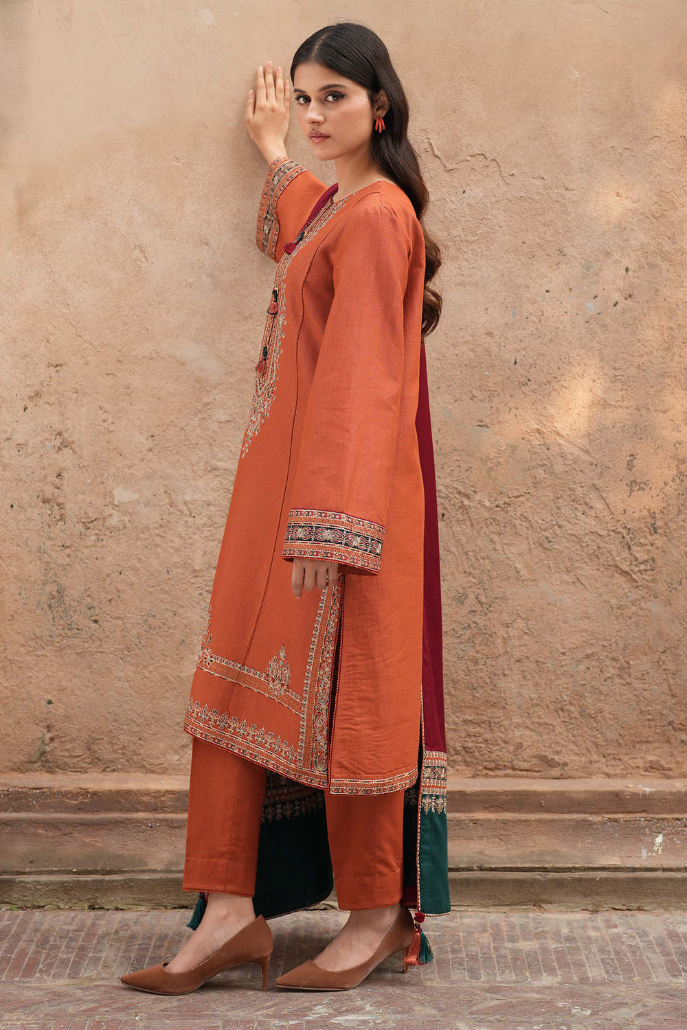 JAZMIN-3PC DHANAK EMBROIDERED SHIRT WITH COURTRAI PRINTED SHAWL AND TROUSER-BIC-4244